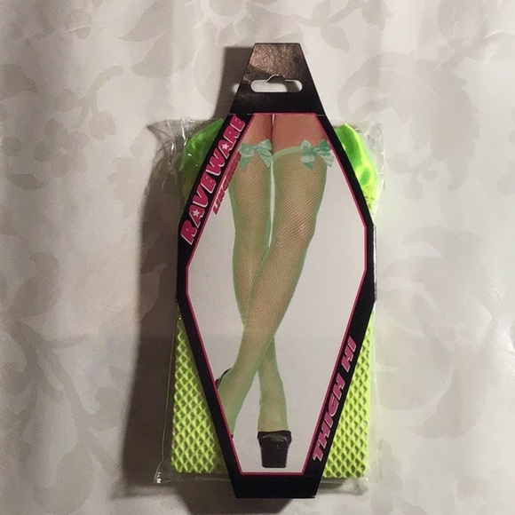 Raveware: Neon Green Fishnet Thigh High w/Bows - Picture 1 of 1